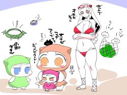 Rule 34 | 4girls, abyssal ship, bikini, blue eyes, blush stickers, breasts, chibi, cleavage, comic, commentary request, crossed arms, enemy aircraft (kancolle), eyewear on head, food, fruit, horns, kantai collection, large breasts, midway princess, mittens, multiple girls, navel, northern little sister, northern ocean princess, northern water princess, one-eyed, orange eyes, sako (bosscoffee), sidelocks, sitting, sitting on head, sitting on person, swim cap, swimsuit, translation request, watermelon, white hair