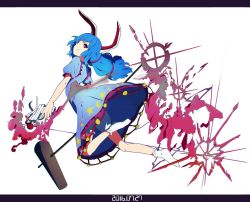 Rule 34 | 1girl, 2016, animal ears, arched back, bad id, bad twitter id, bloomers, blue dress, blue hair, crescent, crescent print, dated, dress, frilled dress, frills, full body, gun, jumping, kine, letterboxed, looking at viewer, looking back, mallet, puffy short sleeves, puffy sleeves, rabbit ears, red eyes, seiran (touhou), shishi osamu, short sleeves, solo, star (symbol), star print, touhou, underwear, weapon, white background, white legwear