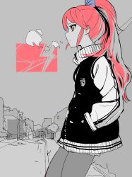 Rule 34 | 10s, 1girl, absurdres, aikatsu!, aikatsu! (series), breath, character name, cogecha, expressionless, female focus, from side, hands in pockets, highres, jacket, letterman jacket, monochrome, orange eyes, otoshiro seira, outdoors, pantyhose, plant, ponytail, profile, red hair, solo, spot color, thighhighs