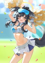 Rule 34 | 1girl, animal ears, arms up, bare arms, black hair, blue archive, blue eyes, blurry, blurry background, blush, bracelet, breasts, cheerleader, confetti, crop top, dog ears, dog tail, gloves, goggles, goggles on head, halo, hibiki (blue archive), hibiki (cheer squad) (blue archive), highres, holding, holding pom poms, jewelry, long hair, looking at viewer, medium breasts, millennium cheerleader outfit (blue archive), miniskirt, navel, open mouth, pine (angel4195202), pom pom (cheerleading), pom poms, ponytail, skirt, solo, standing, star (symbol), stomach, sweat, tail, white gloves, white skirt