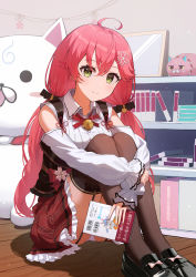 Rule 34 | 1girl, 35p (sakura miko), absurdres, ahoge, bell, black footwear, black thighhighs, blush, book, bookshelf, breasts, closed mouth, collared shirt, commentary, detached sleeves, flower, flower knot, frilled skirt, frilled sleeves, frills, full body, garter straps, green eyes, hair between eyes, hair flower, hair ornament, hairclip, highres, holding, holding book, hololive, hugging own legs, indoors, kintoki (sakura miko), legs together, long hair, long sleeves, looking at viewer, medium breasts, mimihachi, miniskirt, mirror, neck bell, neck ribbon, official alternate costume, panties, pink hair, plaid, plaid skirt, red ribbon, red skirt, ribbon, sakura miko, sakura miko (casual), shirt, shoes, sitting, skirt, smile, solo, thighhighs, twintails, underwear, usada pekora, usada pekora (1st costume), virtual youtuber, white panties, white shirt, wing collar, wooden floor