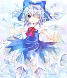 Rule 34 | 1girl, bad id, bad pixiv id, blue dress, blue eyes, blue hair, blush, bow, cirno, dress, fairy, female focus, gradient background, hair bow, ice, jaku sono, matching hair/eyes, one eye closed, ribbon, short hair, smile, solo, touhou, white background, wings, wink