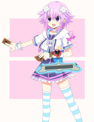Rule 34 | 1girl, artist name, blush, card, caro-xy, choker, crossover, d-pad, d-pad hair ornament, dress, duel disk, flat chest, hair ornament, highres, holding, holding card, looking at viewer, neptune (neptunia), neptune (series), open mouth, purple eyes, purple hair, short hair, solo, striped clothes, striped thighhighs, thighhighs, yu-gi-oh!