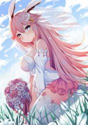 Rule 34 | 1girl, absurdres, animal ears, bare shoulders, blue eyes, blue sky, blush, bouquet, breasts, closed mouth, cloud, cloudy sky, commentary request, day, detached sleeves, dress, dutch angle, flower, fox ears, hair between eyes, highres, holding, holding bouquet, honkai (series), honkai impact 3rd, juliet sleeves, large breasts, long hair, long sleeves, looking at viewer, looking to the side, outdoors, petals, pink flower, pink hair, pink rose, pink skirt, pleated skirt, puffy sleeves, qunqing, red ribbon, ribbon, rose, see-through, seiza, shirt, sitting, skirt, sky, smile, solo, strapless, thighhighs, veil, very long hair, wedding dress, white flower, white rose, white shirt, white thighhighs, yae sakura, yae sakura (flame sakitama)