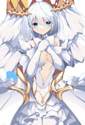 Rule 34 | 1girl, absurdres, bare shoulders, blue eyes, blush, bow, bowtie, breasts, center opening, cleavage, commentary request, crown, date a live, dress, elbow gloves, feather-trimmed gloves, gloves, hair between eyes, hands on own chest, hands up, highres, jam (jamjam777), layered dress, looking at viewer, medium breasts, medium hair, midriff, navel, own hands together, see-through, simple background, sleeveless, sleeveless dress, smile, solo, thighhighs, tobiichi origami, veil, white background, white bow, white bowtie, white dress, white gloves, white hair, white thighhighs