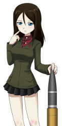 Rule 34 | 10s, 1girl, ammunition, blue eyes, breasts, brown hair, cyber (cyber knight), girls und panzer, long hair, military, military uniform, nonna (girls und panzer), shell (projectile), skirt, solo, uniform