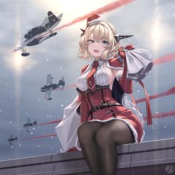 Rule 34 | 1girl, adapted costume, aircraft, airplane, artist logo, belt, black pantyhose, blonde hair, blue eyes, blush, braid, breasts, brown belt, capelet, christmas, colorado (kancolle), dress, elbow gloves, feet out of frame, french braid, gloves, hat, headgear, highres, kantai collection, looking at viewer, medium breasts, medium hair, open mouth, outdoors, pantyhose, red dress, red gloves, rokuwata tomoe, sack, santa hat, short hair, sideboob, sitting, snow, solo
