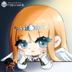Rule 34 | 1girl, absurdres, angel wings, blonde hair, calca bessarez, chibi, crown, dress, grey eyes, highres, non-web source, orb, overlord (maruyama), queen, smile, white dress, wings