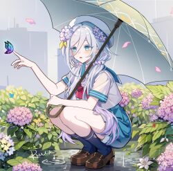 Rule 34 | 1girl, absurdres, beret, blue butterfly, blue eyes, blue sailor collar, blue skirt, blue socks, bow, bowtie, brown footwear, bug, butterfly, day, flower, grey hair, hair between eyes, hair flower, hair ornament, hand up, hat, highres, holding, holding umbrella, hydrangea, index finger raised, insect, legs together, loafers, low twintails, miniskirt, original, outdoors, overcast, pink flower, pleated skirt, puddle, rain, red bow, red bowtie, ripples, sailor collar, school uniform, serafuku, shirt, shoes, short sleeves, sidelocks, signature, skirt, sky, socks, solo, squatting, tianqing mw, transparent, transparent umbrella, twintails, umbrella, white hat, white shirt