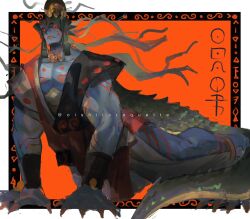 Rule 34 | 1boy, all fours, animal feet, animal hands, anklet, artist name, blue skin, body markings, bracer, claws, colored sclera, colored skin, colored teeth, fish boy, full body, highres, jewelry, lizard tail, looking at viewer, male focus, monster boy, orange background, orange eyes, original, pelvic curtain, r.turbee, sharp teeth, short sleeves, solo, tail, teeth, toned, toned male, twitter username, webbed hands, yellow eyes, yellow sclera, yellow teeth