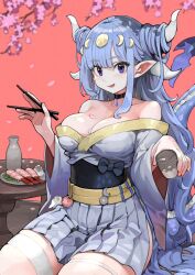Rule 34 | 1girl, bare shoulders, blue hair, breasts, chopsticks, cleavage, commission, cowboy shot, cup, grey kimono, grey skirt, hair ornament, highres, holding, holding chopsticks, holding cup, horns, japanese clothes, jun (navigavi), kimono, large breasts, long hair, off shoulder, original, parted lips, plate, pleated skirt, pointy ears, purple eyes, red background, shadow, shrimp, simple background, skeb commission, skirt, smile, solo, very long hair, white horns