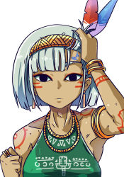 Rule 34 | 1girl, armpits, asatsuki (cookie), aztec, blue eyes, bob cut, cookie (touhou), dark-skinned female, dark skin, feather hair ornament, green shirt, hair lift, ikiume, jewelry, konpaku youmu, looking at viewer, musical note, necklace, outline, shirt, simple background, sleeveless, sleeveless shirt, solo, touhou, white background