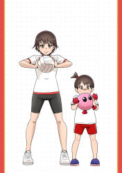 Rule 34 | 2girls, aged down, ball, bandaid, bandaid on face, bandaid on nose, bike shorts, black shorts, blue footwear, brown eyes, brown hair, commentary, girls und panzer, gym shirt, gym uniform, hair bobbles, hair ornament, highres, holding, holding ball, holding toy, isobe noriko, looking at viewer, multiple girls, no socks, one side up, red shorts, satou yasu, shirt, shoes, short hair, short shorts, short sleeves, shorts, sneakers, standing, t-shirt, time paradox, toy, volleyball, volleyball (object), white footwear, white shirt