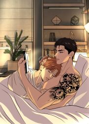 Rule 34 | 2boys, arm tattoo, artist name, bed sheet, black eyes, black hair, brown hair, cellphone, closed eyes, closed mouth, collarbone, doosshaa, hand on another&#039;s head, highres, indoors, jinx (manhwa), joo jaekyung, kim dan, male focus, motion lines, multiple boys, nude, official style, on bed, parted lips, phone, shirt, short hair, sleeping, smartphone, tattoo, teeth, upper body, white shirt, yaoi