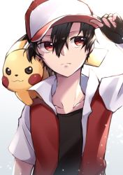 Rule 34 | 1boy, absurdres, arm up, bad id, bad pixiv id, baseball cap, black gloves, black hair, black shirt, closed mouth, commentary request, creatures (company), fingerless gloves, game freak, gen 1 pokemon, gloves, hair between eyes, hand on headwear, hat, highres, jacket, looking to the side, male focus, nintendo, on shoulder, pikachu, pixiv red, pokemon, pokemon (creature), pokemon on shoulder, pokemon rgby, red (pokemon), red eyes, ruriiro blue, shirt, short sleeves, upper body
