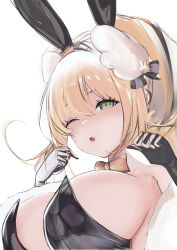 Rule 34 | 1girl, 462vvv, :o, absurdres, animal ears, black gloves, black leotard, blonde hair, bow, bowtie, breasts, cleavage, detached collar, fake animal ears, fang, gloves, goddess of victory: nikke, green eyes, hair ornament, highres, large breasts, leotard, long hair, one eye closed, parted lips, rabbit ears, rupee (nikke), simple background, skin fang, solo, strapless, strapless leotard, unfinished, upper body, white background, yellow bow, yellow bowtie