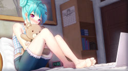 Rule 34 | 1girl, bare arms, bare shoulders, barefoot, blue hair, blue shorts, blush, calendar (object), camisole, clock, closed mouth, commentary, commission, computer, digital clock, double bun, english commentary, fur-trimmed shorts, fur trim, hair bun, hair intakes, hair ornament, hairclip, highres, hugging object, indoors, laptop, looking at viewer, nose blush, on bed, original, patrick star, pillow, plaid, prophosphere, purple eyes, short shorts, shorts, sitting, smile, solo, spongebob squarepants, spongebob squarepants (series), stuffed animal, stuffed toy, teddy bear