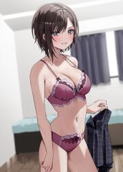 Rule 34 | 1girl, bare shoulders, bed, black hair, black skirt, blurry, blurry background, bra, chigusa minori, curtains, futago matomete kanojo ni shinai?, highres, holding, holding clothes, indoors, lace, lace bra, lace panties, looking at viewer, multicolored eyes, navel, official art, open mouth, panties, red bra, red panties, short hair, skirt, smile, solo, standing, stomach, underwear, usami hikari