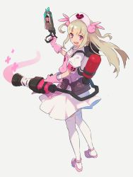 Rule 34 | 1girl, belt pouch, blonde hair, center frills, crossover, fang, frills, full body, gloves, hat, highres, isu (is15u), long hair, looking at viewer, natori sana, nurse, nurse cap, open mouth, pink eyes, pouch, sana channel, shoes, simple background, solo, team fortress 2, thighhighs, trait connection, virtual youtuber, weapon, white background, white thighhighs