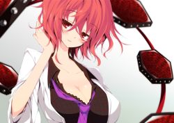 Rule 34 | 1girl, black bra, blazer, blush, bra, breasts, cleavage, collarbone, drum, drum set, female focus, hand in own hair, highres, horikawa raiko, instrument, jacket, lace, lace-trimmed bra, lace trim, large breasts, light smile, looking at viewer, loose necktie, necktie, open clothes, open jacket, purple necktie, red eyes, red hair, sakurame, shirt, solo, touhou, unbuttoned, underwear, upper body