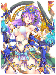 Rule 34 | 1girl, :d, armlet, armpits, bare shoulders, black gloves, blush, bracelet, breasts, cowboy shot, dual wielding, gloves, hair between eyes, headgear, high ponytail, highleg, highleg panties, hisho collection, holding, holding sword, holding weapon, jewelry, large breasts, long hair, looking at viewer, mechanical arms, navel, official art, open mouth, orb, panties, purple eyes, purple hair, revealing clothes, single mechanical arm, smile, solo, stomach, sword, toshi, underboob, underwear, waist cape, weapon