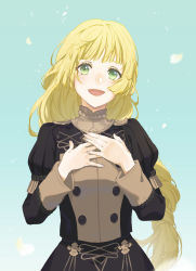 Rule 34 | 1girl, absurdres, asao (vc), blonde hair, blue background, blunt bangs, braid, braided ponytail, buttons, commentary request, fire emblem, fire emblem: three houses, garreg mach monastery uniform, green eyes, hands on own chest, highres, ingrid brandl galatea, juliet sleeves, long hair, long sleeves, looking at viewer, nintendo, open mouth, puffy sleeves, simple background, single braid, smile, solo, uniform, upper body, very long hair