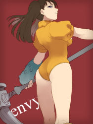 Rule 34 | 10s, 1girl, ass, bad id, bad pixiv id, black hair, bodysuit, breasts, brown hair, cowboy shot, diane (nanatsu no taizai), english text, fingerless gloves, from behind, gloves, grin, half-closed eyes, hammer, holding, holding weapon, kneepits, leotard, long hair, looking at viewer, looking back, nanatsu no taizai, profile, puffy short sleeves, puffy sleeves, purple eyes, red background, short sleeves, simple background, single glove, smile, smirk, solo, standing, twintails, weapon, yukin (es)