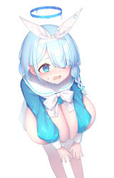 Rule 34 | 1girl, alternate breast size, arona (blue archive), blue archive, blue eyes, blue hair, blue shirt, braid, breasts, clothes lift, eyes visible through hair, hair over one eye, hairband, halo, hsuliherng, huge breasts, liquid halo, long sleeves, melting halo, open mouth, oppai loli, sailor collar, shirt, shirt lift, solo, sweatdrop, tearing up, white hairband, white sailor collar