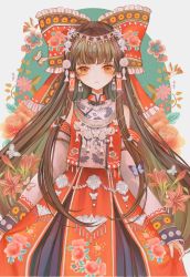 Rule 34 | 1girl, adapted costume, animal, bare shoulders, blush, bow, brown eyes, brown hair, bug, butterfly, detached sleeves, floral print, flower, hair bow, hair tubes, hakurei reimu, highres, hourai kiriri, insect, long hair, parted lips, pink flower, red bow, red flower, sidelocks, solo, touhou, white sleeves