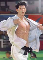 Rule 34 | 1boy, abs, bare pectorals, belt, black belt, black hair, blurry, blurry background, dougi, jnkku, large pectorals, male focus, mito youhei, muscular, muscular male, navel, nipples, open clothes, pants, parted lips, pectorals, short hair, slam dunk (series), solo, white pants
