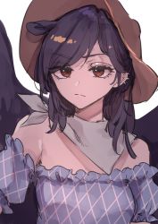 Rule 34 | 1girl, animal ears, argyle, argyle clothes, argyle shirt, bandana, bare shoulders, black hair, black wings, breasts, brown eyes, brown hat, closed mouth, commentary request, cowboy hat, ear piercing, expressionless, eyes visible through hair, frown, hat, highres, horse ears, kurokoma saki, looking at viewer, medium hair, off-shoulder shirt, off shoulder, pegasus wings, piercing, puffy short sleeves, puffy sleeves, risui (suzu rks), shirt, short sleeves, simple background, sketch, small breasts, solo, touhou, upper body, white background, white bandana, wings