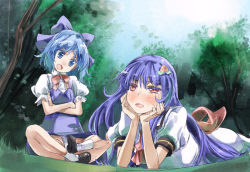 Rule 34 | 2girls, blue dress, blue eyes, blue hair, bow, cirno, day, dress, dress shirt, food-themed hair ornament, fundoshi, hair ornament, hairclip, head rest, head tilt, hinanawi tenshi, indian style, japanese clothes, lying, multiple girls, no headwear, on stomach, open mouth, outdoors, panties, pantyshot, red eyes, shirt, sitting, skirt, touhou, underwear, v-shaped eyebrows, yohane