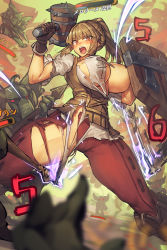 Rule 34 | 1girl, blonde hair, blouse, blush, commentary request, gloves, goblin, goblin male, hammer, highres, long hair, melon22, open mouth, polearm, ponytail, red eyes, shield, shirt, short sleeves, spear, swordsman (tree of savior), torn clothes, torn shirt, tree of savior, weapon