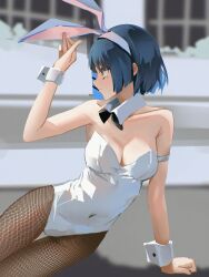 Rule 34 | 1girl, animal ears, black bow, black bowtie, blue hair, bocchi the rock!, bow, bowtie, breasts, cleavage, closed mouth, covered navel, danraz0r, detached collar, facing viewer, fake animal ears, fishnet pantyhose, fishnets, hairband, highres, leotard, looking to the side, medium breasts, mole, mole under eye, pantyhose, playboy bunny, rabbit ears, short hair, solo, white leotard, wrist cuffs, yamada ryo, yellow eyes
