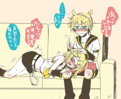 Rule 34 | 1boy, 1girl, ahoge, arihara ema, bare shoulders, belt, blonde hair, blue eyes, blush, brother and sister, couch, detached sleeves, ear cleaning, eargasm, embarrassed, hair ornament, hair ribbon, hairclip, hand on another&#039;s head, hand on another&#039;s knee, kagamine len, kagamine rin, kneehighs, knees, lap pillow, lying, midriff, mimikaki, navel, open mouth, ribbon, ryou (pixiv247657), short hair, shorts, siblings, sitting, socks, sweat, sweatdrop, tickling, tickling ears, translated, trembling, twins, uncommon stimulation, vocaloid, wavy mouth