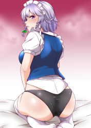 Rule 34 | 1girl, ass, bed sheet, black panties, blue vest, blush, braid, breasts, closed mouth, commentary, from behind, full body, glaring, gradient background, hair ribbon, highres, izayoi sakuya, lips, looking at viewer, looking back, maid headdress, medium breasts, medium hair, no pants, no shoes, panties, puffy short sleeves, puffy sleeves, purple eyes, red background, ribbon, seiza, shiraue yuu, shirt, short sleeves, side braids, silver hair, simple background, sitting, solo, steaming body, sweat, sweatdrop, thighhighs, touhou, tress ribbon, twin braids, underwear, vest, white background, white shirt, white thighhighs