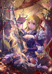 Rule 34 | 1girl, armor, bad id, bad pixiv id, bare shoulders, blonde hair, blurry, bow, braid, breasts, depth of field, detached sleeves, full body, glowing, glowing weapon, highres, holding, holding sword, holding weapon, large breasts, looking at viewer, original, red bow, red eyes, shaded face, shenteita, sitting, solo, sparks, sword, thighhighs, wariza, weapon