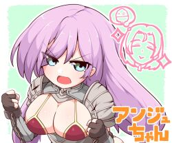 Rule 34 | 1girl, ange (demonsroots), armor, bikini armor, blue eyes, breasts, chain, chained, demons roots, kado (hametunoasioto), large breasts, light purple hair, long hair, looking at viewer, open mouth, solo, upper body