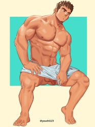 Rule 34 | 1boy, abs, bara, brown hair, closed mouth, flaccid, highres, large pectorals, male focus, muscular, muscular male, naked towel, navel, nipples, original, pectorals, penis, short hair, solo, testicles, thick thighs, thighs, towel, towel around waist, twitter username, youchi123