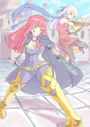 Rule 34 | 2girls, belt, bodysuit, book, breasts, cape, cleavage, cleavage cutout, clothing cutout, covered navel, fire emblem, fire emblem: radiant dawn, fire emblem engage, full body, highres, holding, holding book, holding knife, holding weapon, kazami doriru, knife, long hair, looking to the side, medium breasts, micaiah (fire emblem), multiple girls, nintendo, pantyhose, red eyes, red hair, scarf, small breasts, standing, star (symbol), weapon, white hair, yunaka (fire emblem)