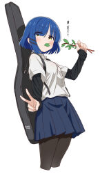 Rule 34 | 1girl, artist name, backpack, bag, black pantyhose, black shirt, blue hair, blue skirt, bocchi the rock!, commentary, cowboy shot, cropped legs, dated, dress shirt, eating, guitar case, hair ornament, hairclip, highres, instrument case, layered sleeves, long sleeves, looking at viewer, miniskirt, mole, mole under eye, pantyhose, pleated skirt, retsumaru, school uniform, shimokitazawa high school uniform, shirt, short hair, short over long sleeves, short sleeves, signature, skirt, solo, standing, translated, v, weeds, white shirt, yamada ryo, yellow eyes