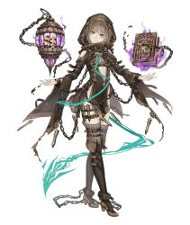 Rule 34 | 1girl, aqua eyes, belt, book, boots, brown hair, cage, chain, crossed legs, cuffs, floating, floating book, floating object, full body, gretel (sinoalice), hansel (sinoalice), head tilt, high heels, jino, knee boots, looking at viewer, male focus, official art, shackles, sinoalice, smile, solo, thighhighs, thighhighs under boots, too many, too many belts, transparent background, watson cross