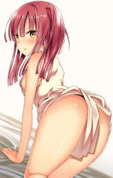 Rule 34 | 1girl, :t, all fours, alternate eye color, angry, arm support, ass, back, bare shoulders, bed sheet, blunt bangs, blush, body blush, breasts, dutch angle, female focus, from behind, hair between eyes, hase sawara, legs, lips, long hair, long image, looking at viewer, looking back, magi the labyrinth of magic, morgiana, nipple slip, nipples, no bra, pout, pov, red hair, shiny skin, short hair, side ponytail, sideboob, simple background, solo, tall image, thighs, white background, yellow eyes