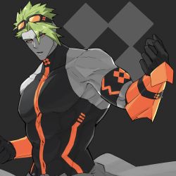 Rule 34 | 1boy, absurdres, achilles (fate), bara, covered abs, fate/grand order, fate (series), gloves, green hair, haruakira, highres, large pectorals, long hair, male focus, mature male, muscular, muscular male, official alternate costume, open mouth, orange eyes, pectorals, sidepec, solo, upper body