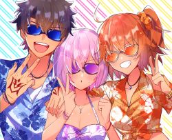 Rule 34 | 1boy, 2girls, breasts, chestnut mouth, cleavage, command spell, dual persona, fate/grand order, fate (series), fujimaru ritsuka (female), fujimaru ritsuka (female) (tropical summer), fujimaru ritsuka (male), fujimaru ritsuka (male) (tropical summer), hawaiian shirt, highres, jewelry, mash kyrielight, multiple girls, necklace, official alternate costume, open mouth, shirt, sunglasses, teeth, tropical summer (fate), upper body, upper teeth only, v, wasa (wanosabi)