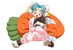 Rule 34 | 1girl, animal feet, artist request, blue hair, carrot, child, hair ornament, holding, legs together, looking at viewer, masaki sasami jurai, pajamas, paw shoes, pillow, pink pajamas, red eyes, ryou-ouki, shoes, simple background, sitting, slippers, smile, source request, tenchi muyou!, white background