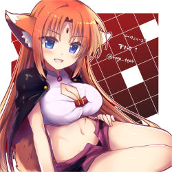 Rule 34 | 1girl, animal ears, arf, arm support, blue eyes, breasts, character name, cleavage, cleavage cutout, clothing cutout, commentary, copyright name, crop top, forehead jewel, hand on own hip, large breasts, long hair, looking at viewer, lyrical nanoha, mahou shoujo lyrical nanoha, micro shorts, midriff, navel, open mouth, parted bangs, pink shirt, purple shorts, red hair, shirt, shorts, sitting, smile, solo, tail, tougo, twitter username, yokozuwari