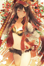 Rule 34 | 1girl, artist name, bikini, black bikini, black hair, blurry, breasts, cacao (chocotto), camellia, collarbone, commentary request, cowboy shot, depth of field, fate/grand order, fate (series), floral background, flower, frilled bikini, frills, grin, hair between eyes, hand on own hip, hat, headphones, headphones around neck, highres, holding, holding sword, holding weapon, jacket, katana, letterman jacket, long hair, long sleeves, looking at viewer, military hat, navel, oda nobunaga (fate), oda nobunaga (swimsuit berserker) (fate), oda nobunaga (swimsuit berserker) (first ascension) (fate), oda nobunaga (swimsuit berserker) (second ascension) (fate), open clothes, open jacket, parted lips, peaked cap, red eyes, sheath, sheathed, small breasts, smile, solo, swimsuit, sword, thighs, tsurime, very long hair, weapon