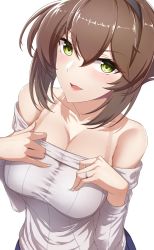 Rule 34 | 1girl, bare shoulders, blush, breasts, brown hair, brown pants, cleavage, collarbone, flipped hair, green eyes, hand on own chest, highres, jewelry, kantai collection, large breasts, long sleeves, looking at viewer, mutsu (kancolle), off shoulder, open mouth, pants, ring, see-through, short hair, simple background, solo, sweater, utsumi karmin, wedding band, white background, white sweater