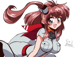 Rule 34 | 1990s (style), 1girl, anchor, blue eyes, breast pocket, breasts, brown hair, choroli (chorolin), dress, hair between eyes, hair ornament, headgear, impossible clothes, kantai collection, large breasts, long hair, looking at viewer, neckerchief, open mouth, parody, pocket, ponytail, red neckerchief, retro artstyle, saratoga (kancolle), short sleeves, side ponytail, signature, simple background, smile, smokestack, solo, style parody, upper body, white background, white dress
